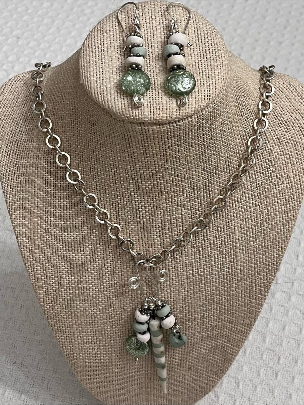 Handmade Sage & Cream Ceramic Charm Necklace & Earrings Set